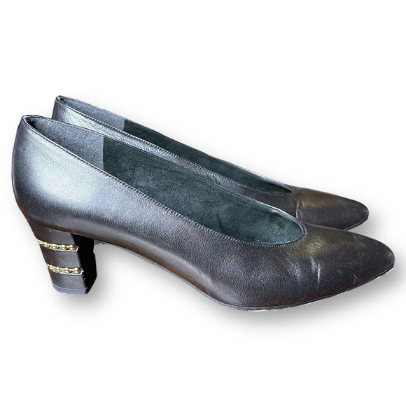 Stuart Weitzman Women’s Black Leather Gold Studded Heels - Size 5.5 B - Picture 5 of 15